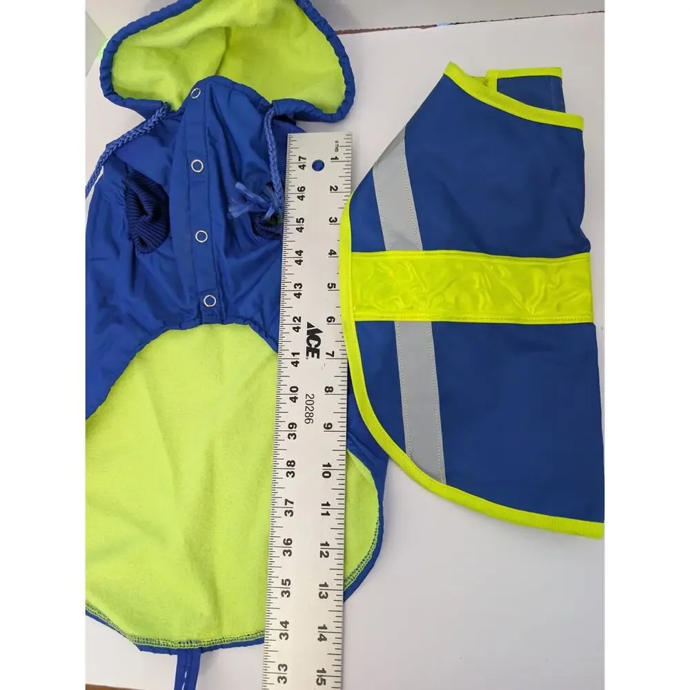 Two-Piece Blue Dog Coat Set Hooded Fleece Lined Jacket and Reflective Vest Small